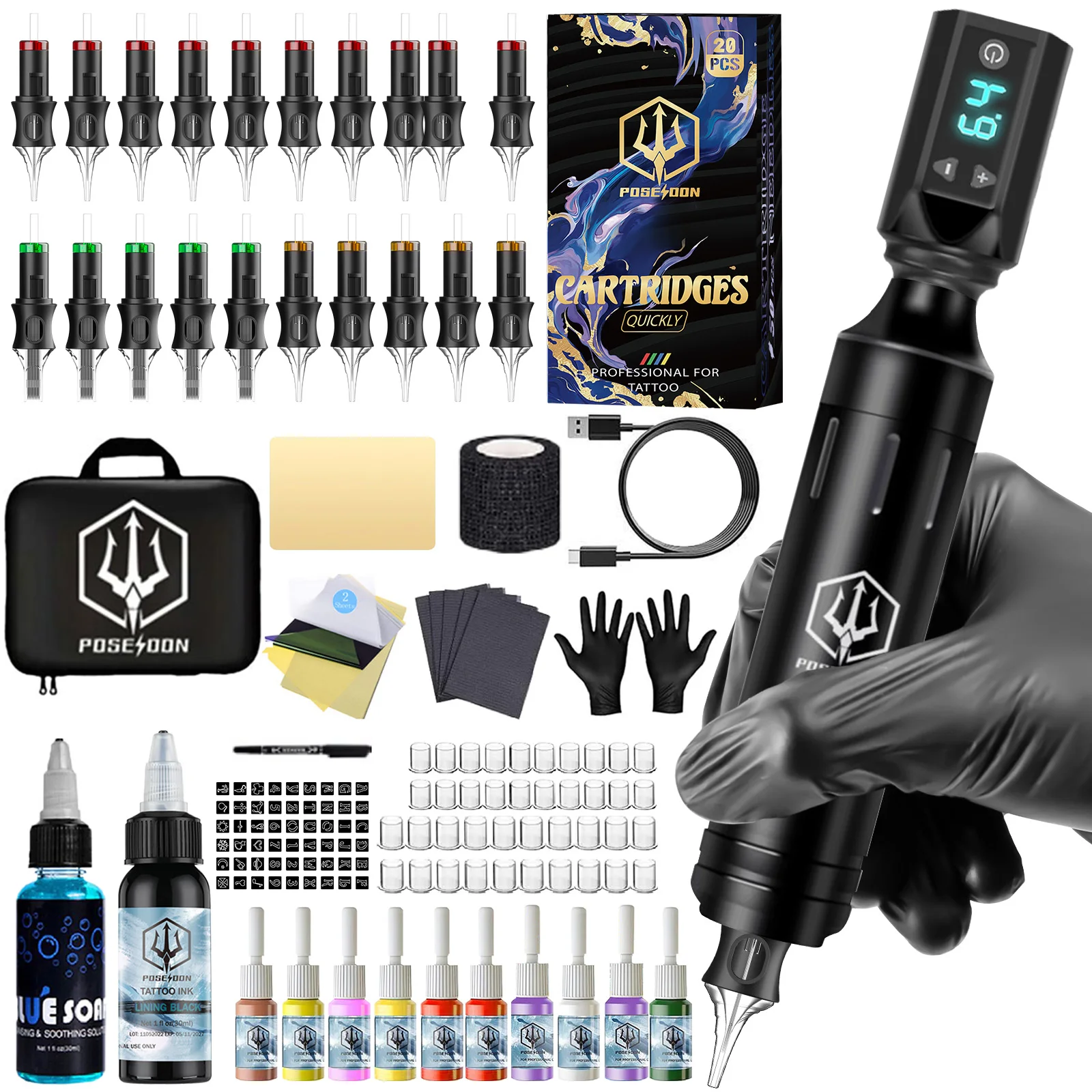 Tattoo Kit POSEIDON V5 Tattoo Pen Kit For Permanent Makeup Tattoo Machine Kit Good Quality Tattoo Power Supply Tattoo Gun Kit