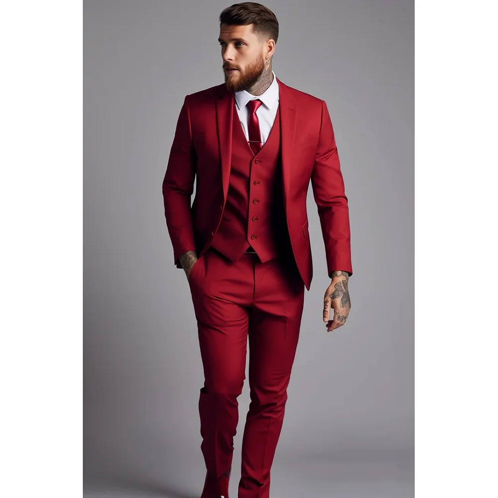 Daily Red Festive Single Breasted Men Suit Three-pieces(Jacket+Pants+Vest) Party Prom Wedding Set