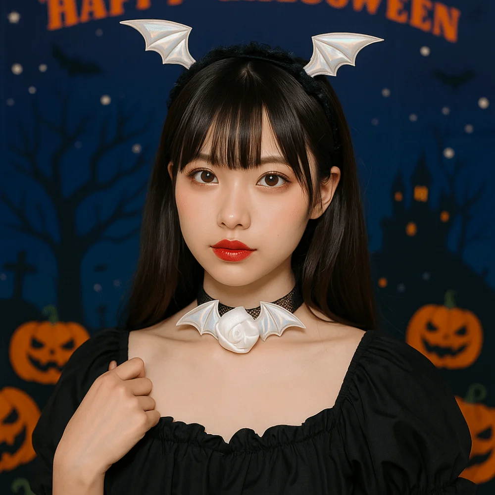 Linda flor alas de murciélago diadema malla PU cuero diadema collar conjunto encaje gótico Halloween aro de pelo niñas