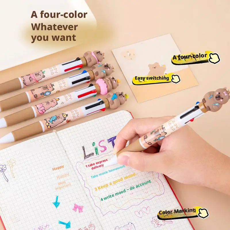 Kawaii Capybara Multicolor Ball-point Pen Cartoon Ballpoint Pen Student  Learning Office Stationery Multi Color Hand Account Pen