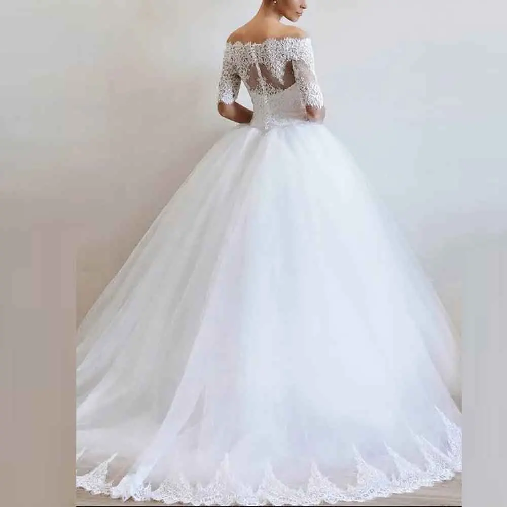 Personalizado fora do ombro vestido de casamento de renda para noiva laço cinto vestido de baile vestidos de novia botão voltar inchado vestido de noiva