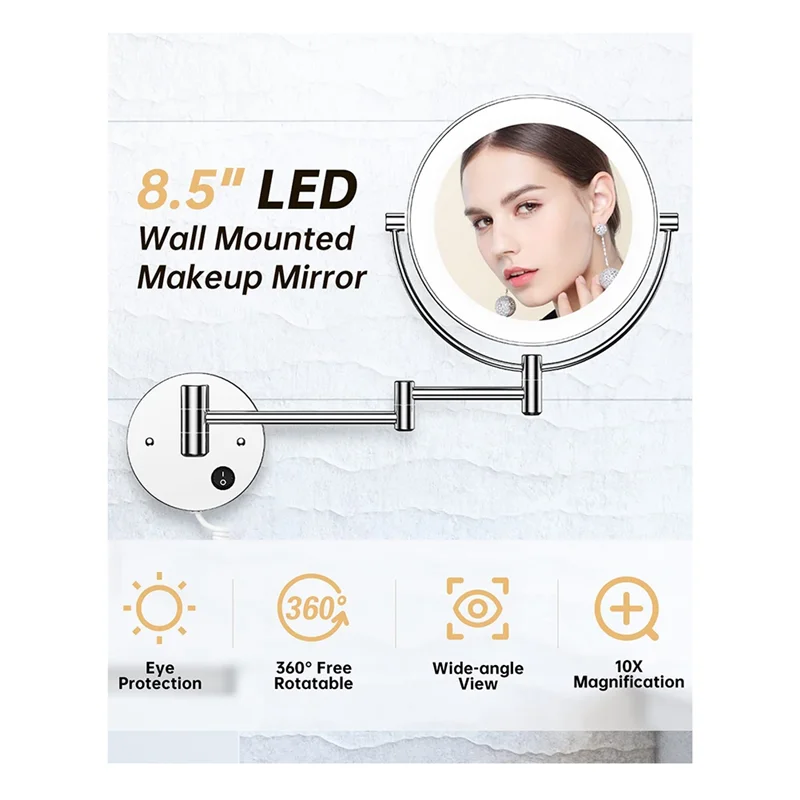 8.5 Inch LED Wall Mounted Makeup Mirror Round Double Sided 1X/10X Magnifying with Light Button 360 Swivel-Chrome US Plug