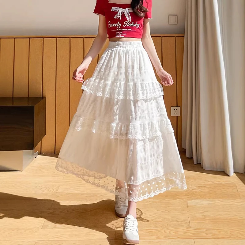 

Корейская кружевная юбка-пэчворк с высокой талией, белая многослойная юбка А-силуэта в стиле преппи для женщин, весна-лето, пляжная юбка
