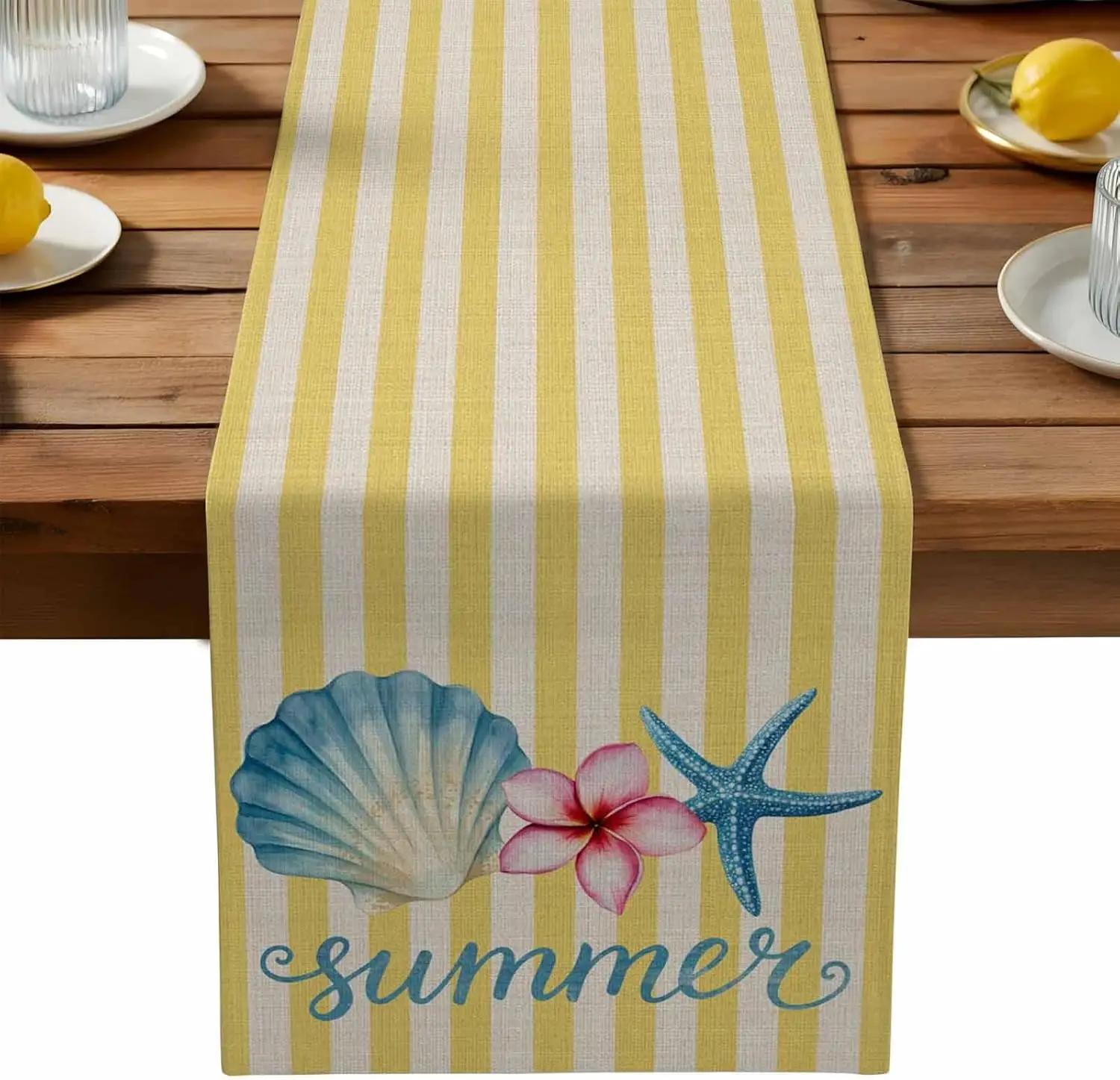 Summer Shells Starfish Yellow Stripe Linen Table Runner Party Decor Reusable Kitchen Dining Table Runner Wedding Decorations