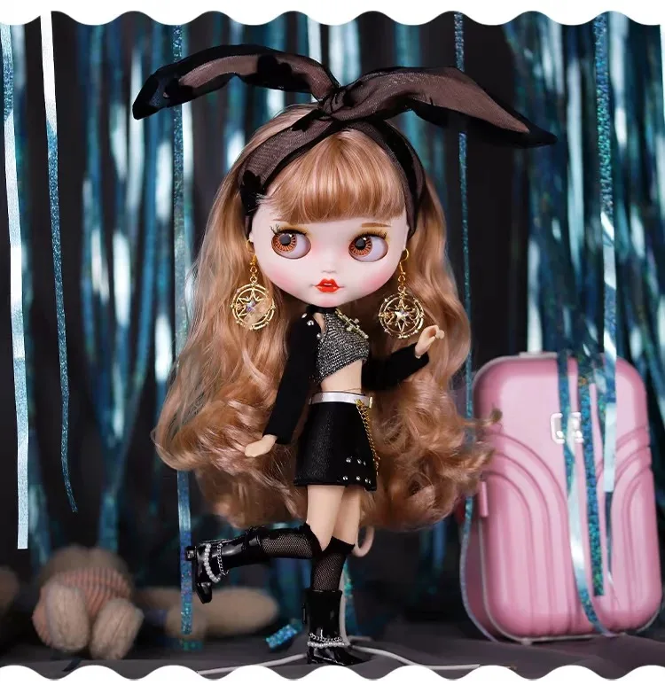 ICY DBS Blyth دمية الملبس الأسود ملهى ليلي الملكة قمة الموضة + تنورة + خوذة + طقم من الحلقان ل BJD OB24 Azone دمية لتقوم بها بنفسك فستان