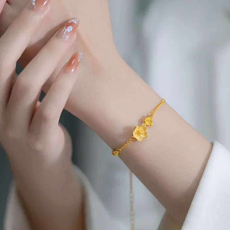 

9999 Real Gold 24K 2024 Winter New Simple Premium Super Fairy Small Flower Bracelet Niche Premium Golden Flower Bracelet