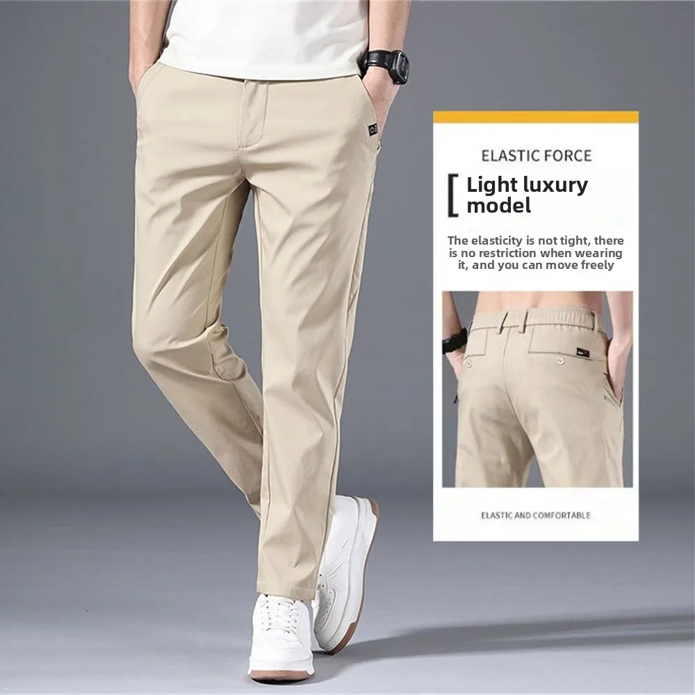 ใหม่ 2024 ชายผ้าไหมน้ําแข็งสบายๆกางเกงบางตรงหลวมฤดูร้อนQuiแห้งFaionableยาวกางเกงสบายBreathable