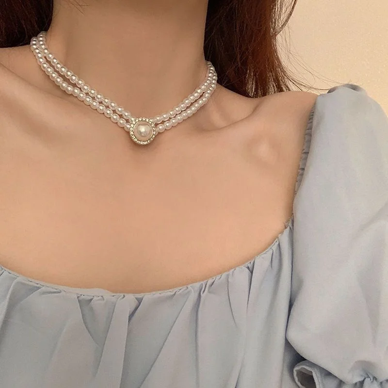 1PCS Two-layer Pearl Beaded Choker Necklace Fashion Elegant Light Luxury Wedding Bridal Jewelry Collar Necklace Gift