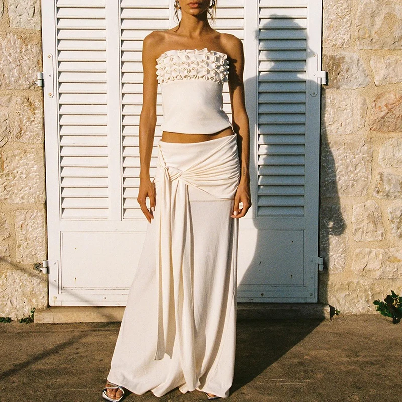 

Sexy Strapless Stereoscopic Floral Camisole&Wrap Hips Skirts Sets Casual Solid Slim Vacation 2pc Summer New Lace Up Skirts Sets