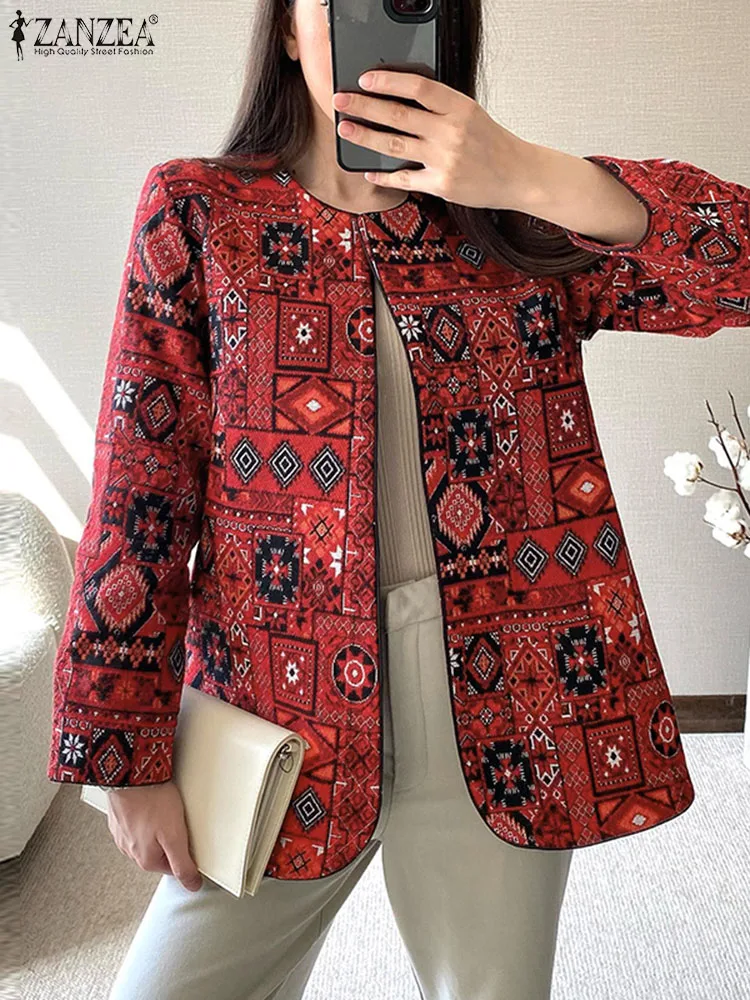 

ZANZEA Women Vintage Blazer 2024 Autumn Fashion Long Sleeve Jacket Casual Loose Bohemian Printed Coats Retro Straight Outwears