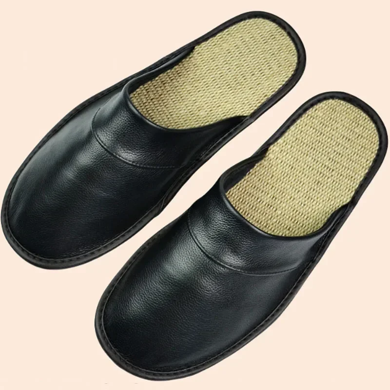 Genuine Cow Leather Linen Slippers Homes In Indoor Slipper Spring Autumn Men Women Elderly Non-slip Casual Single Slides Shoes