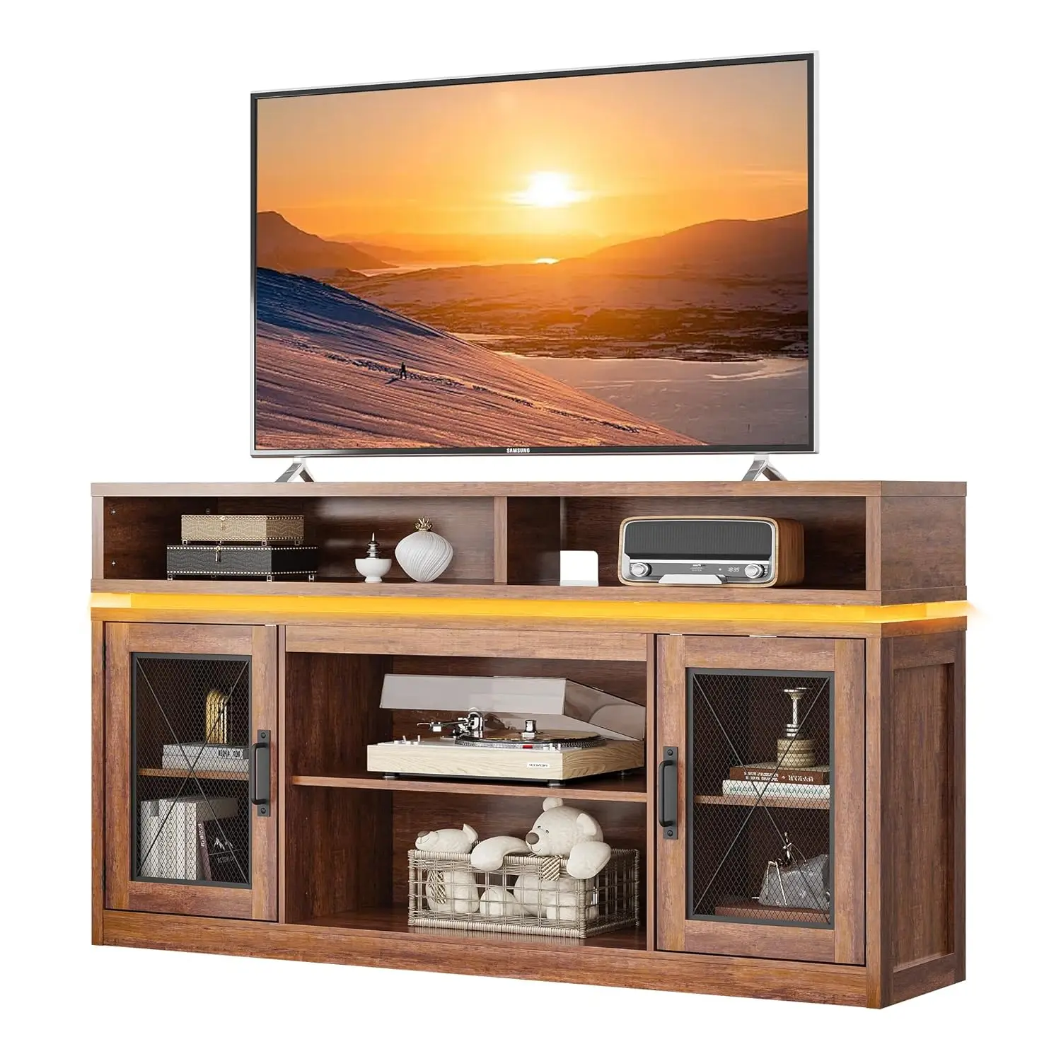 Farmhouse TV Stand Up To 65" Media Console Storage Cabinets LED Lights Living Room Bedroom Home Theater Rustic Brown, Customized