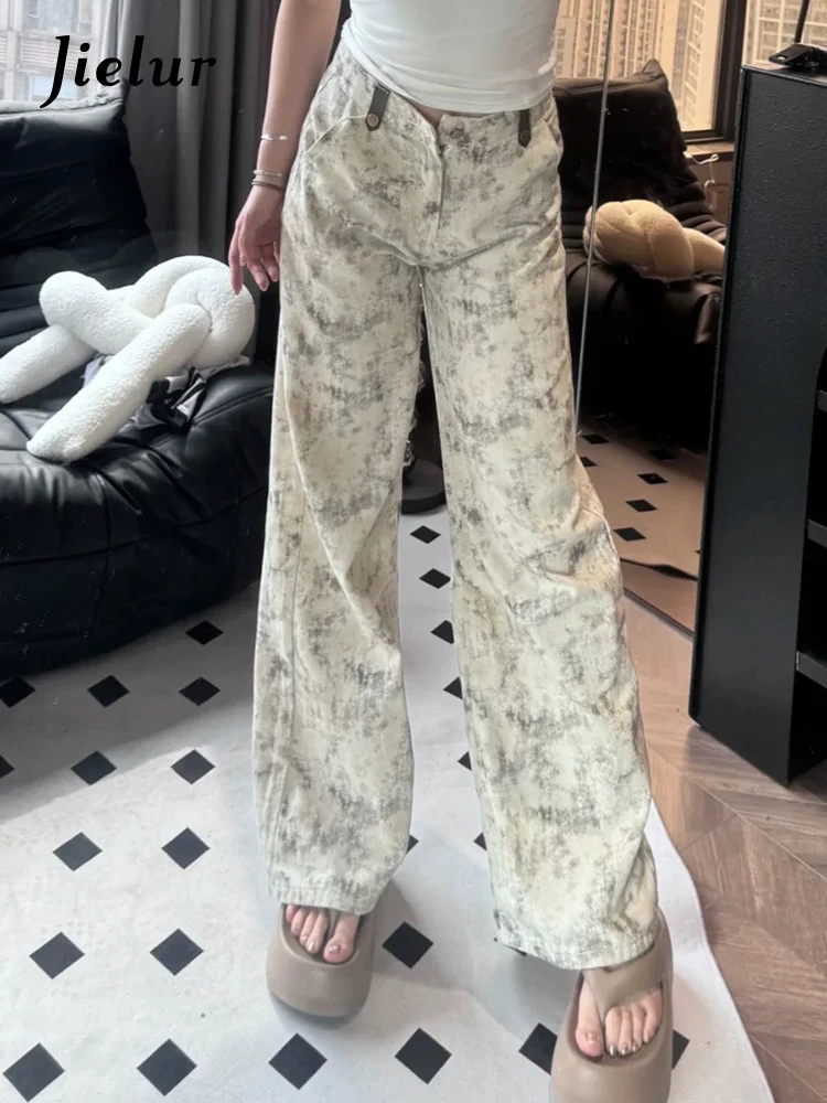 Summer Loose Full Length Casual Street Basic Women Jeans American Vintage Fashion Simple Tie Dye Printing Female Wide Leg Pants