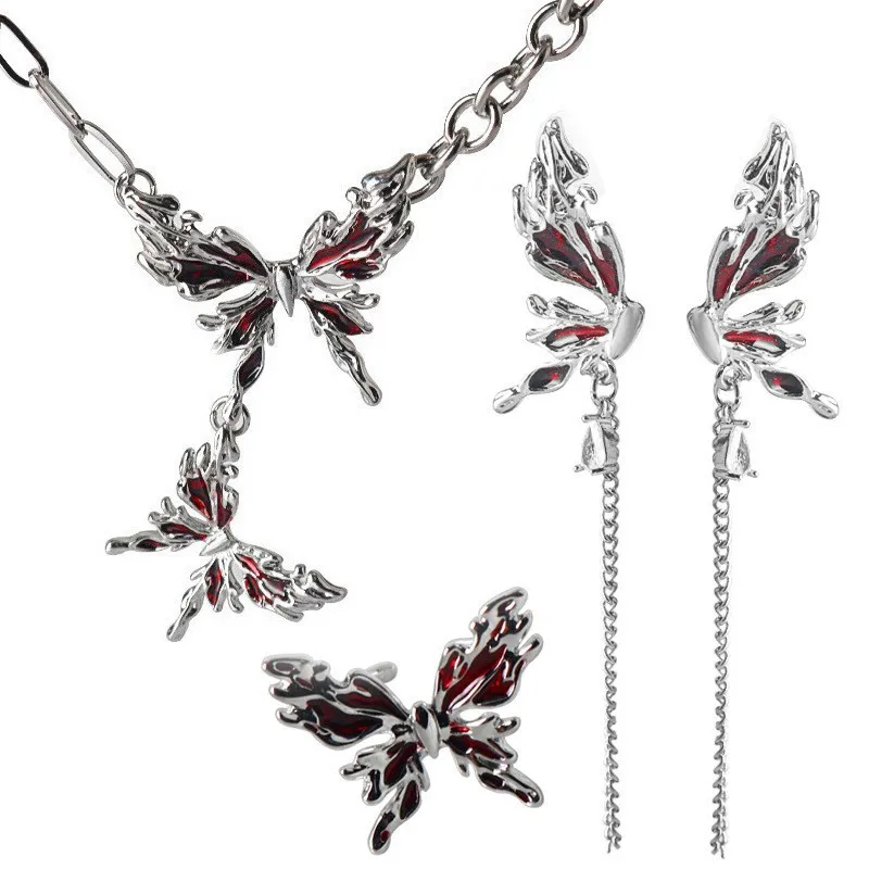 

3 шт., готический панк, красная бабочка, ожерелье, серьги, комплект колец, женский ретро металлический комплект ювелирных изделий, реквизит для косплея, аксессуары, подарок Y2K