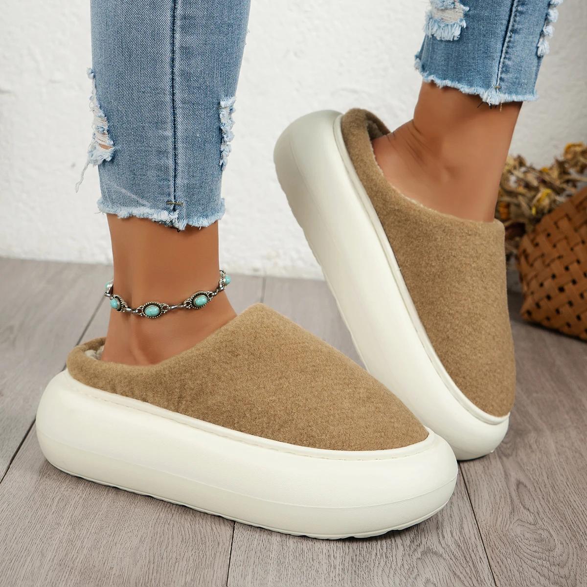 Zapatillas de invierno para mujer, Color sólido, informales, cómodas, antideslizantes, cálidas, de felpa, cubierta del dedo del pie, Zapatillas de casa sin cordones