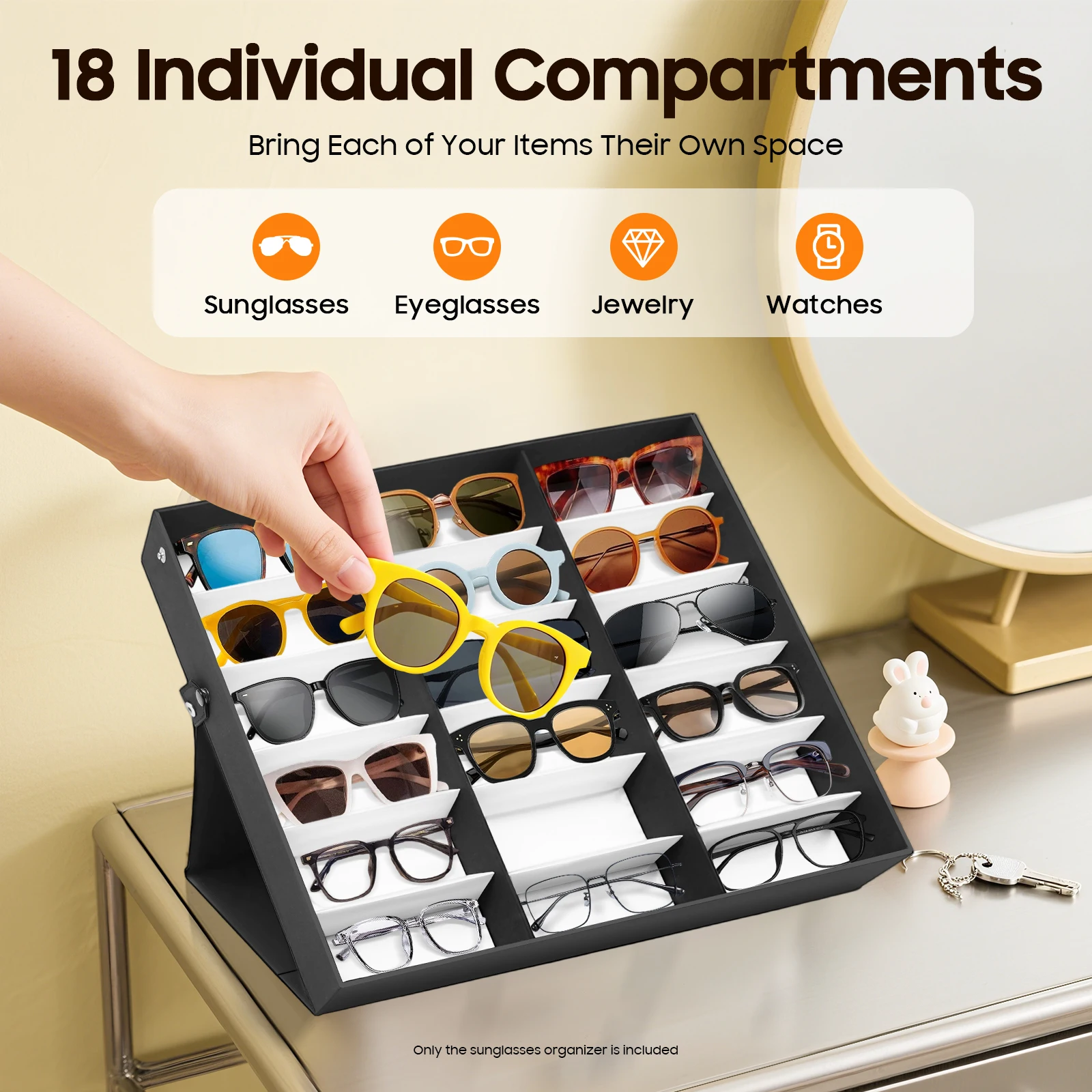 Sunglasses Storage Case - 18-Slot Soft Silk Lining, Flip Lid Display for Home, Store & Office To Organize Glasses/Watches