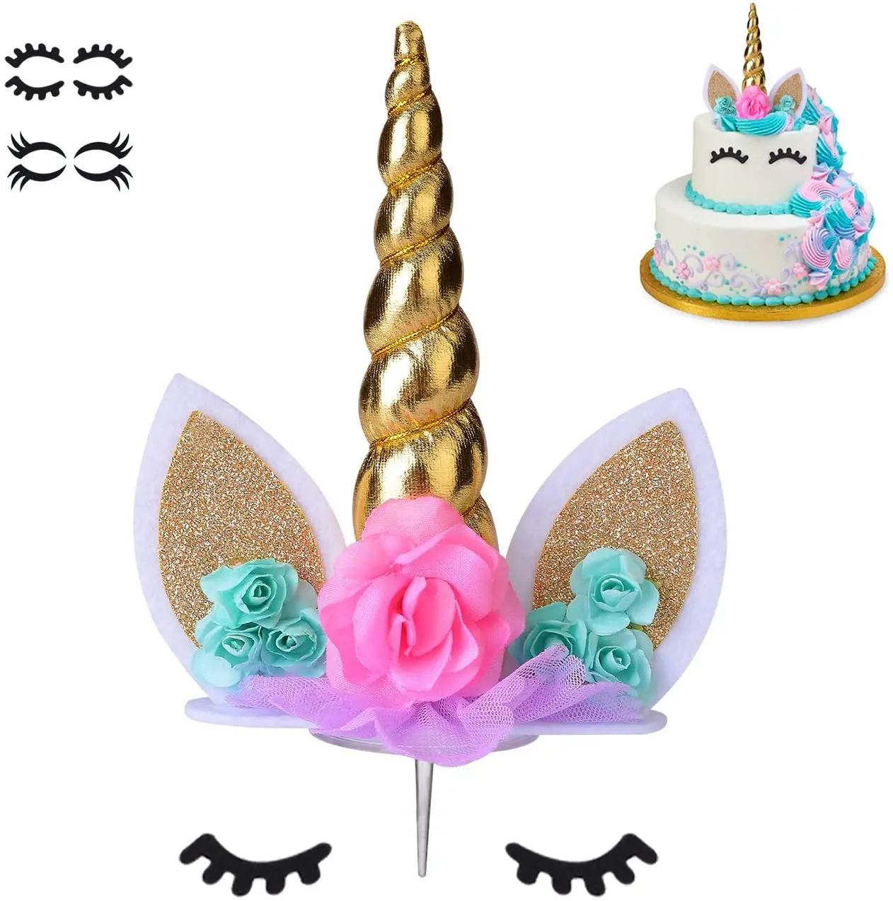 

Unicorn Cake Topper Handmade Party Cake DIY Decoration Supplies with Eyelashes Gold Horn for Birthday Party Baby Shower Wedding