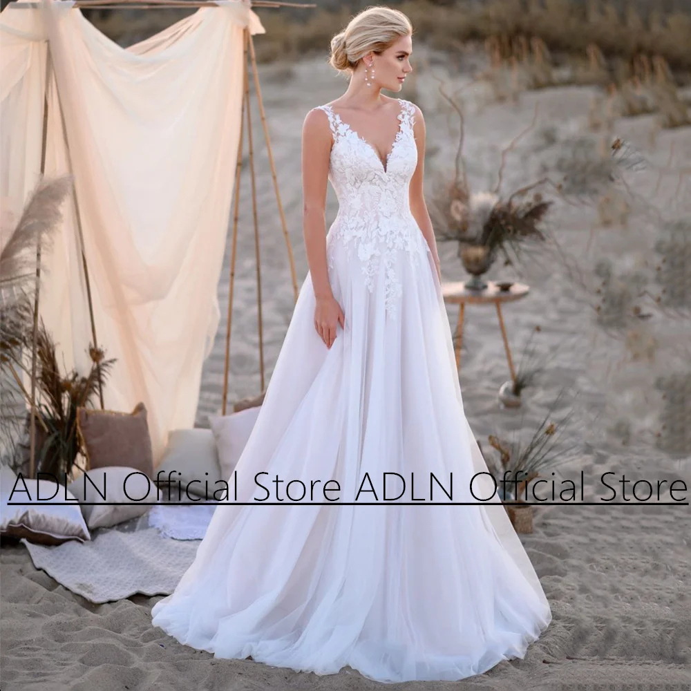 

ADLN Sexy Boho Wedding Dress Cheap V Neck Sleeveless Applique Backless Sweep Train Robe De Mariage Bridal Gown Plus Size