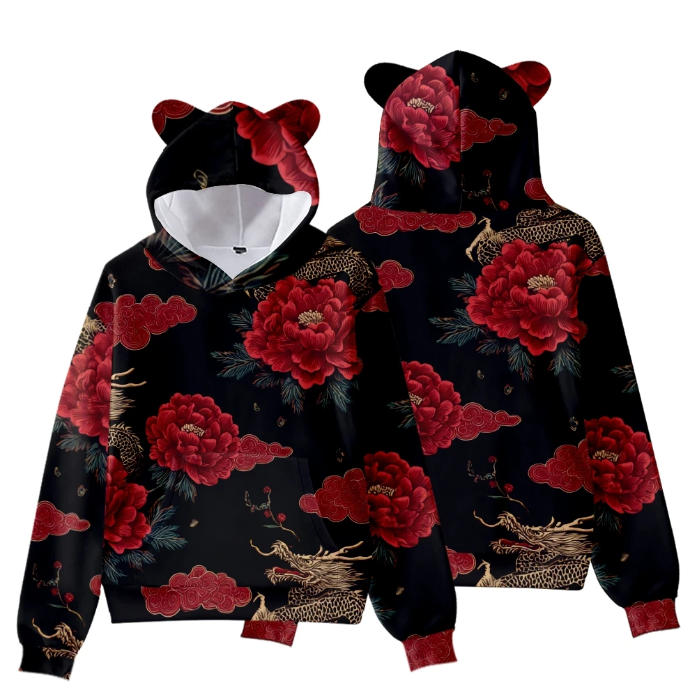 سويت شيرت نسائي بغطاء للرأس من Oriental Streetwear بتنين صيني ذهبي وطباعة زهور مع آذان دب لطيفة على طراز هاراجوكو #3