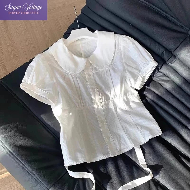 

Японская милая рубашка в консервативном стиле с кукольным воротником и коротким рукавом, женская рубашка больших размеров, летняя тонкая белая блузка, дизайн, элегантные топы