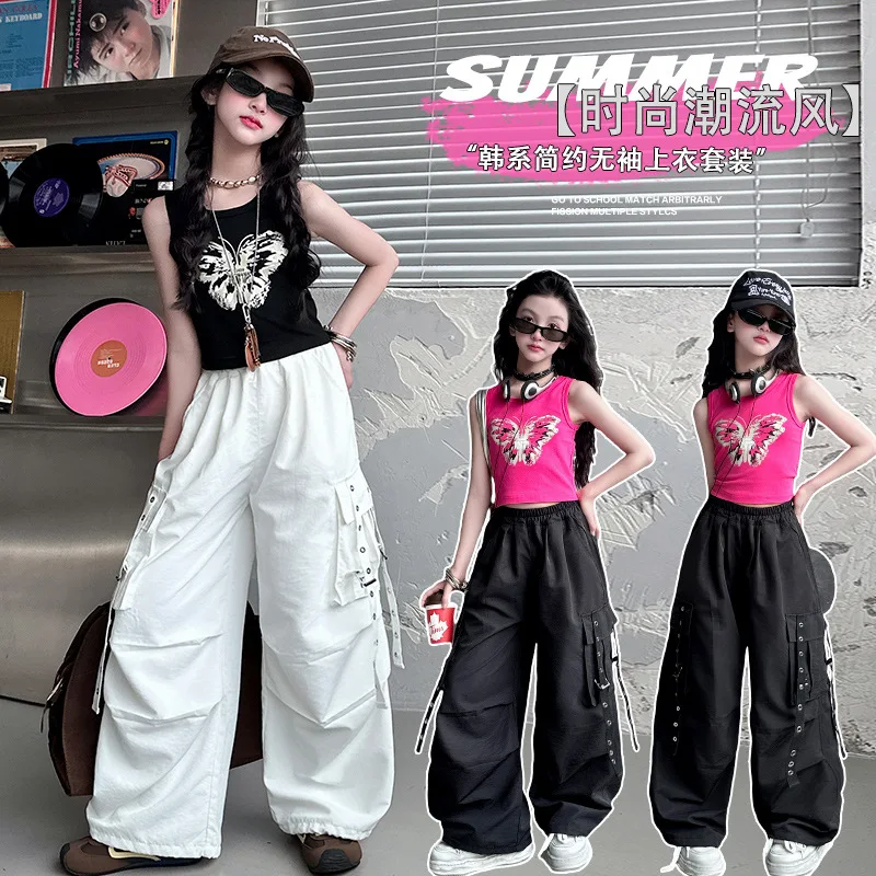 American Style Hip Hop Work Pants Girls Spring Summer High Street Design Multi Pocket Wide Leg Floor Length Pants 4-14 Year