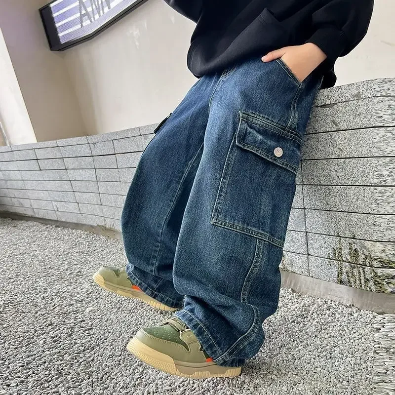 

Boys jeans spring autumn straight cylinder tooling 2024 new children's handsome loose pants tide 120-170cm