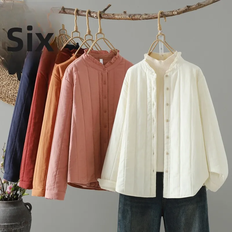 

Lightweight Autumn Winter Women's Jaet Loose Floral Collar Cotton Coat Casual Ear Musoom Collar Stand Collar Outerwear