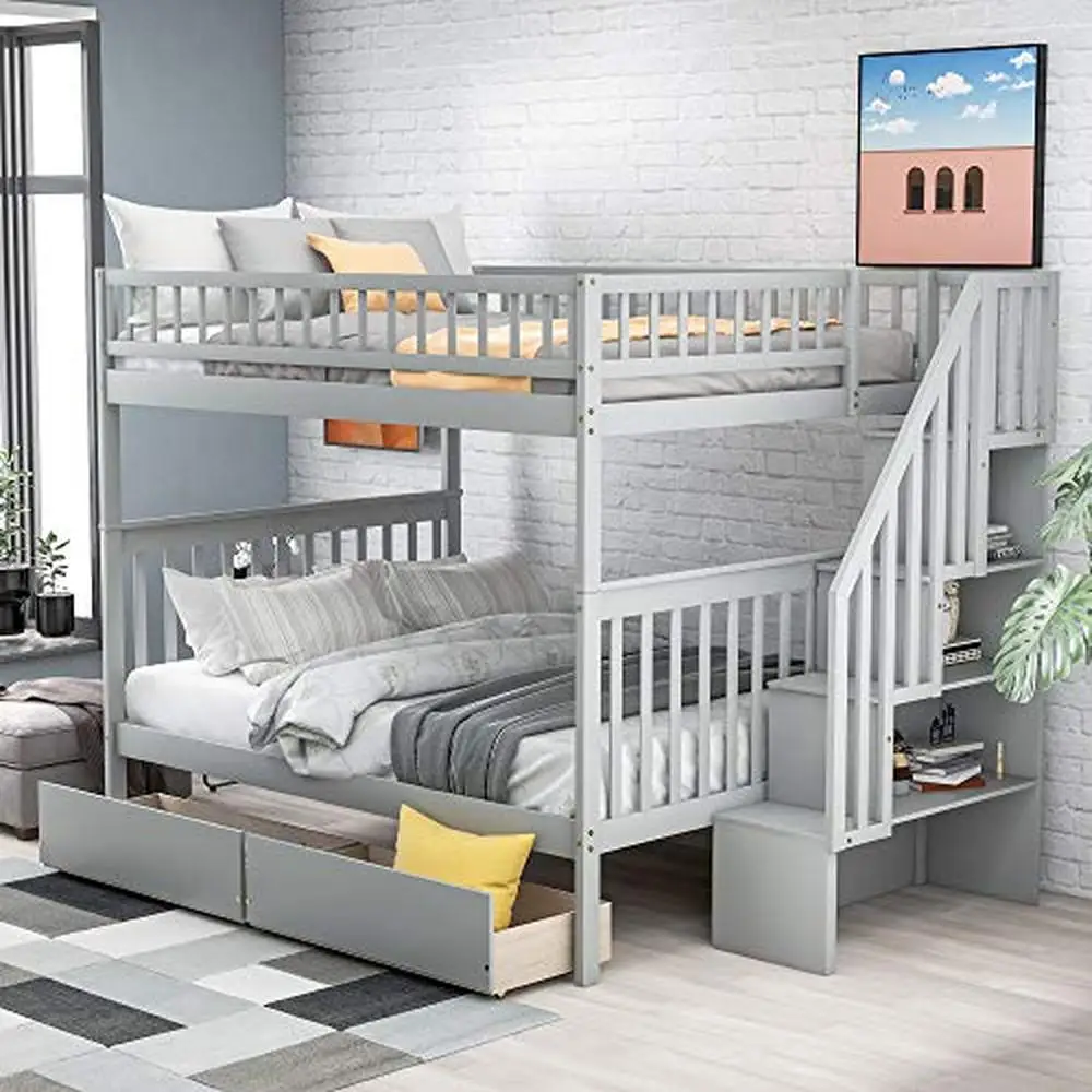 Modern Twin Over Twin Bunk Bed with Storage Shelf and Guard Rail Wood Gray