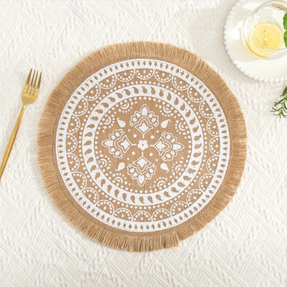 

Vintage 36/38cm Round Placemat Non-Slip Washable Cup Coaster Mat with Tassels Heat Resistant Braided Place Mats Dining Table