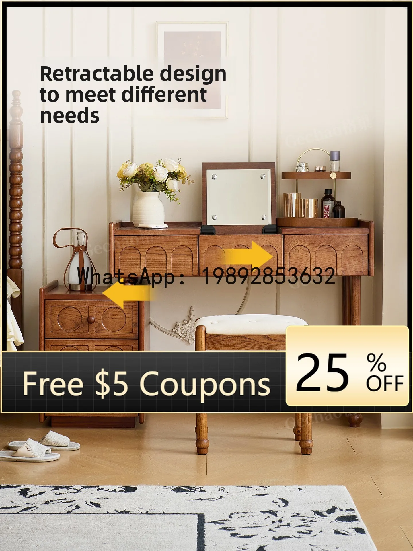 

Z3 Retro Style Solid Wood Dressing Table and Chest of Drawers Integrated Master Bedroom Small Apartment Makeup Table