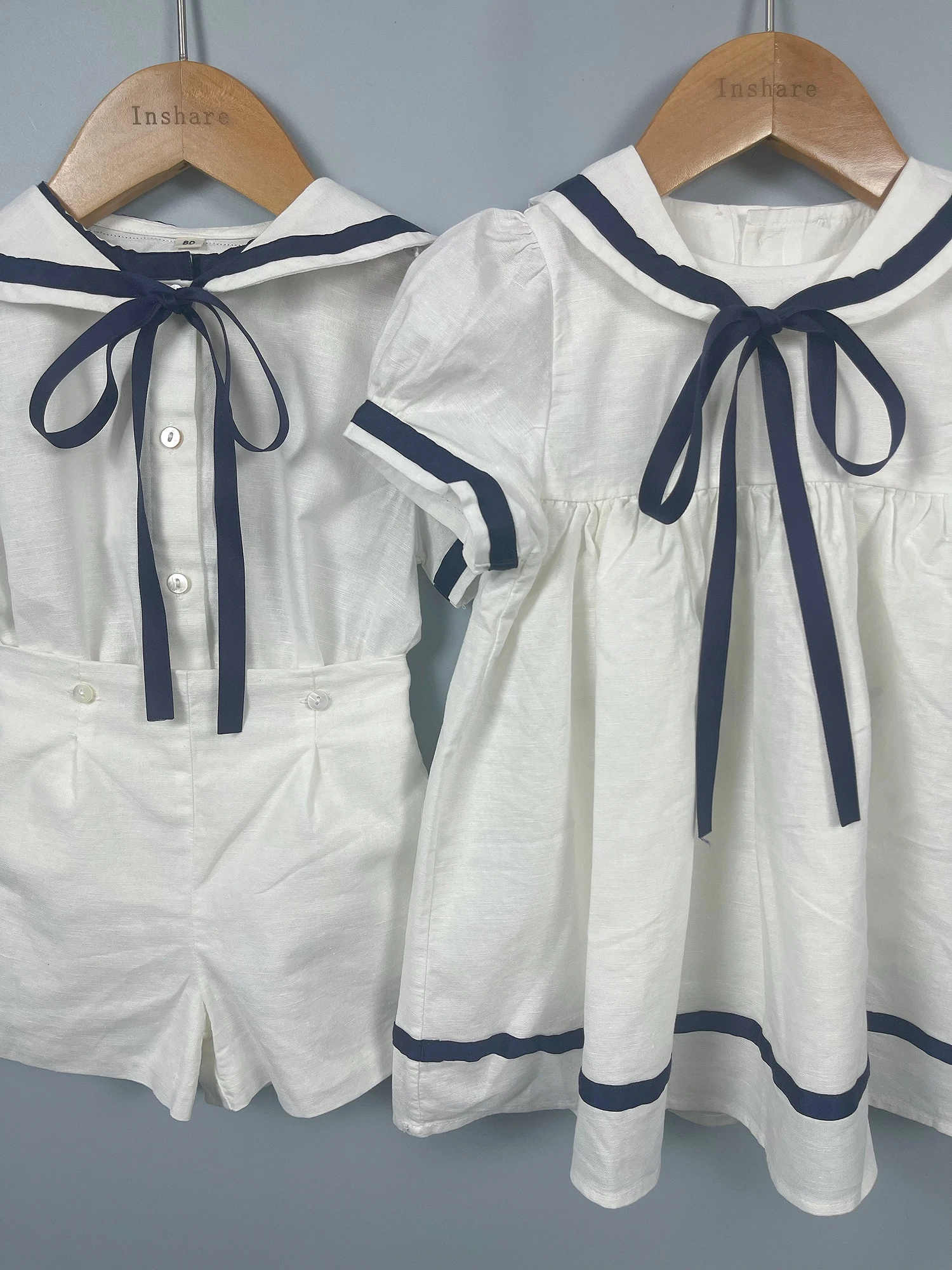 Summer Navy Sister Brother Clothing White Cotton Linen Fabric with Bblack Ribbon Comfortable Breathable Daily Outfit Performance