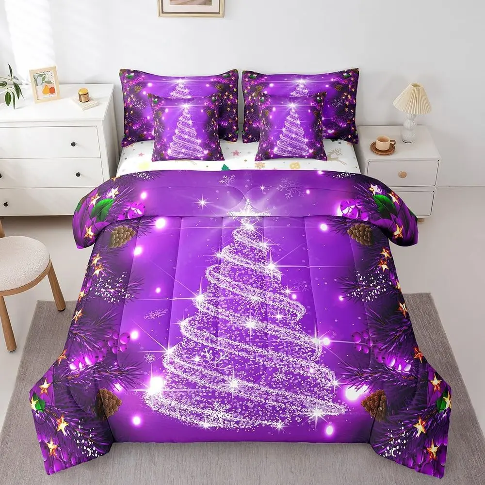 

Christmas Tree Bedding Set for Kids - Queen Size Comforter with Glitter Sheets for Boys & Girls