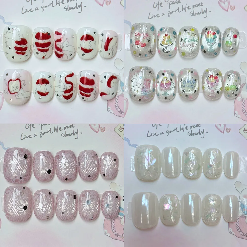 Sanfter, süßer Stil, glitzernde Sterne, runde Nagelaufkleber, handgezeichnet, Apfel, Schleife, Kaninchen, Katze, Bär, Punkte, künstliche Nägel, Party-Aufkleber