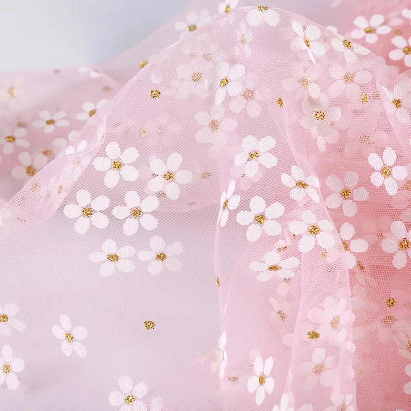 Glitter Plum Blossom Printing Tulle Fabric 155cm Width for Girls Summer Dress Princess Dress Handmade DIY Clothing Decoration