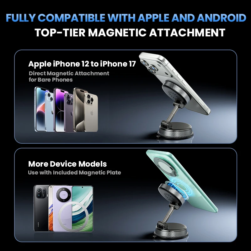 Магнитное беспроводное автомобильное зарядное устройство, вакуумная присоска, держатель для телефона, подставка для iPhone 17, 16, 15, 14, 13, 12 Pro Max, быстрая зарядка