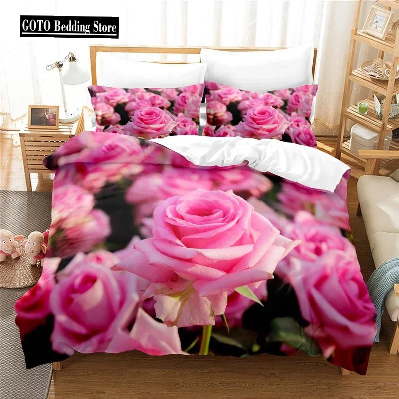 

100% Quality Ropa De Cama Pink Rose Valentine's Day Gift Bedroom Bedding Set DuvetCover Pillow Cases Double Size Bedclothes Set