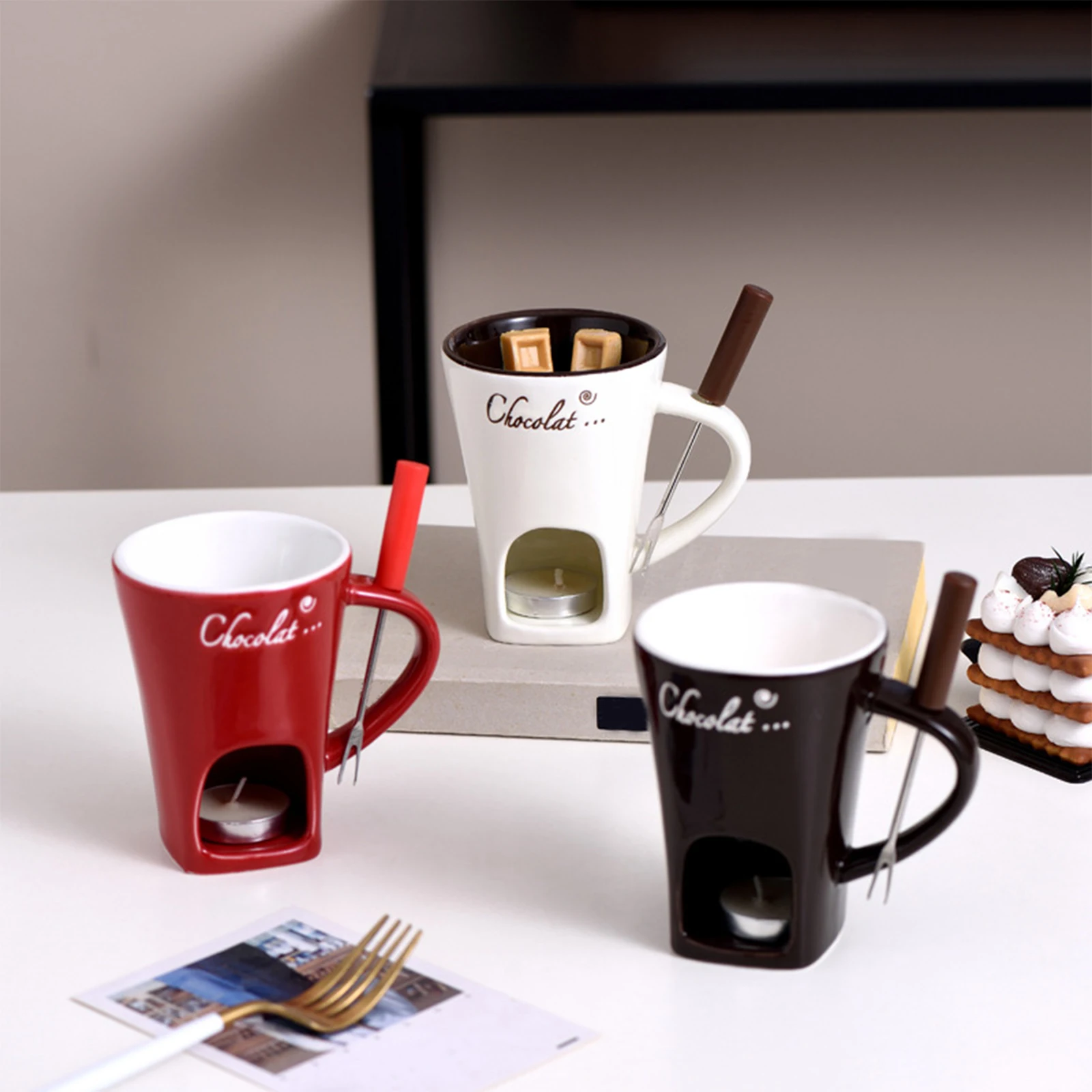 

130ml Chocolate Fondue Mug with Fork Candy Dessert Cheese Broth Butter Warmer Melt Pot for Home Kitchen Caramel Appliances