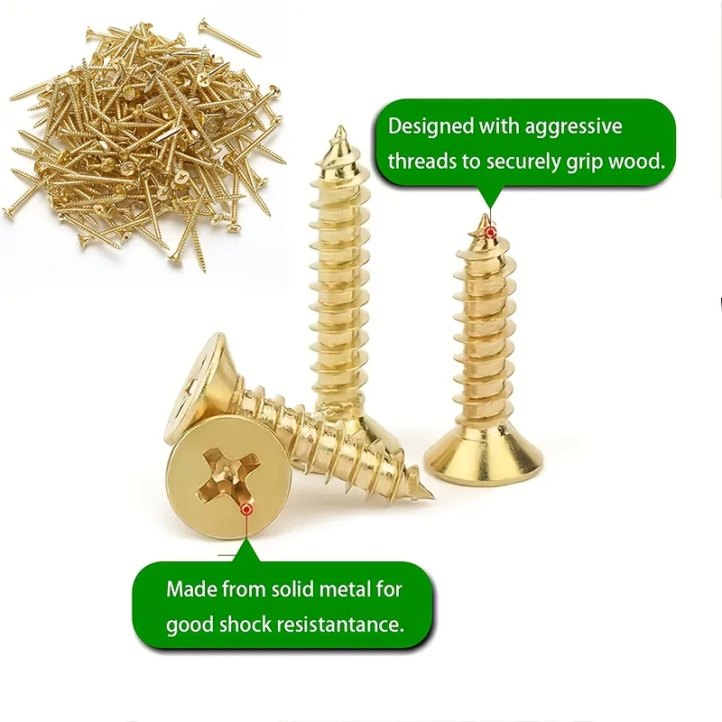 200pcs wood screw kit, M3.5 gold self-tapping screws, household woodworking fasteners