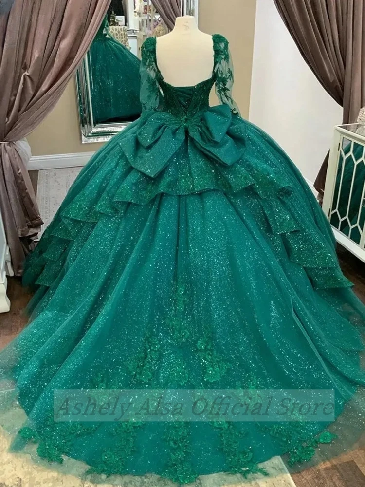 Custom Made Emerald Green Long Sleeve Quinceanera Dress Ball Gown Lace Sweet 16 15 Prom Birthday Party Wear Vestidos De XV Anos