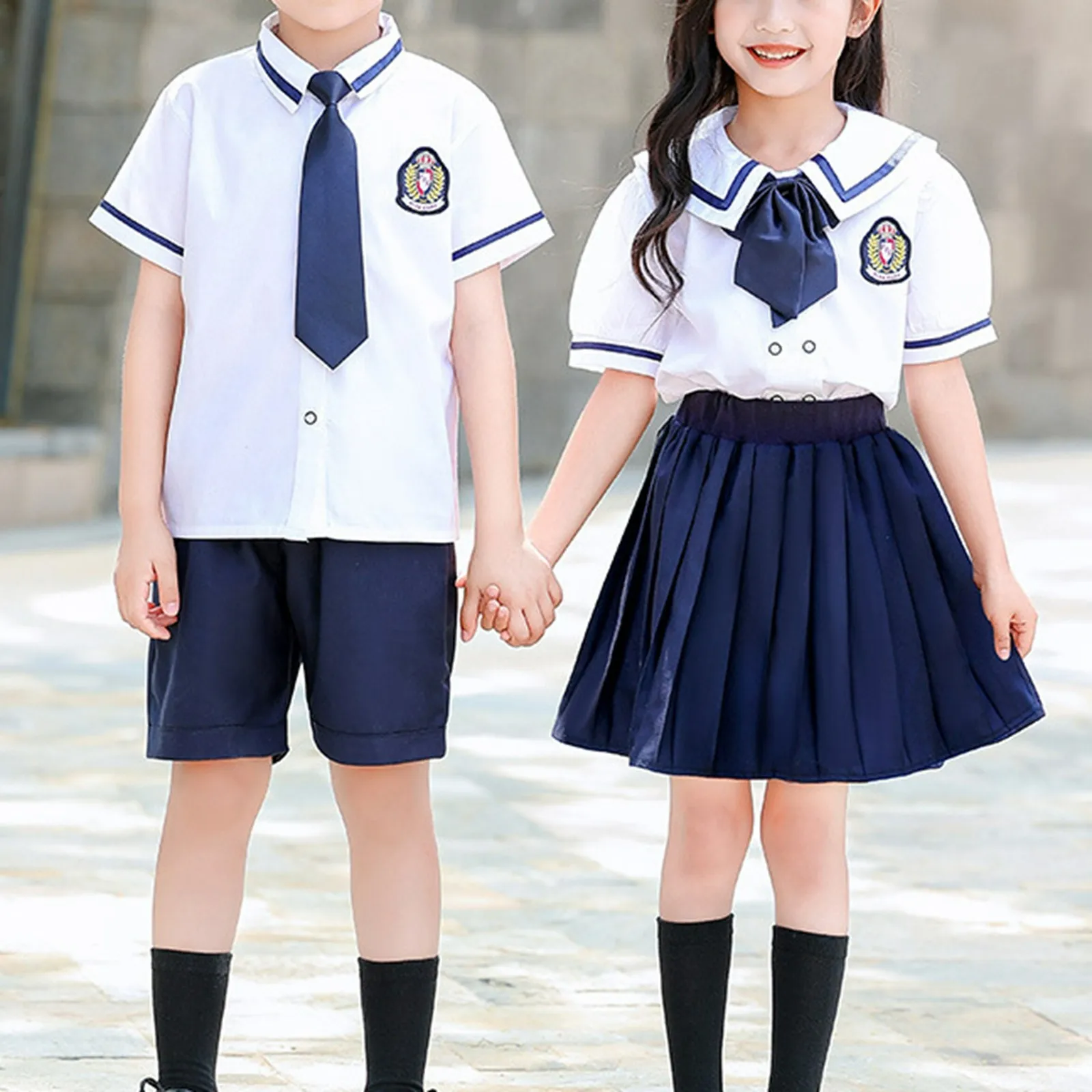 Graduation Clothing Kids Girls Summer School Uniforms Class Uniforms Sailor Collar T Shirt Pleated Skirt Sets Performance Outfit