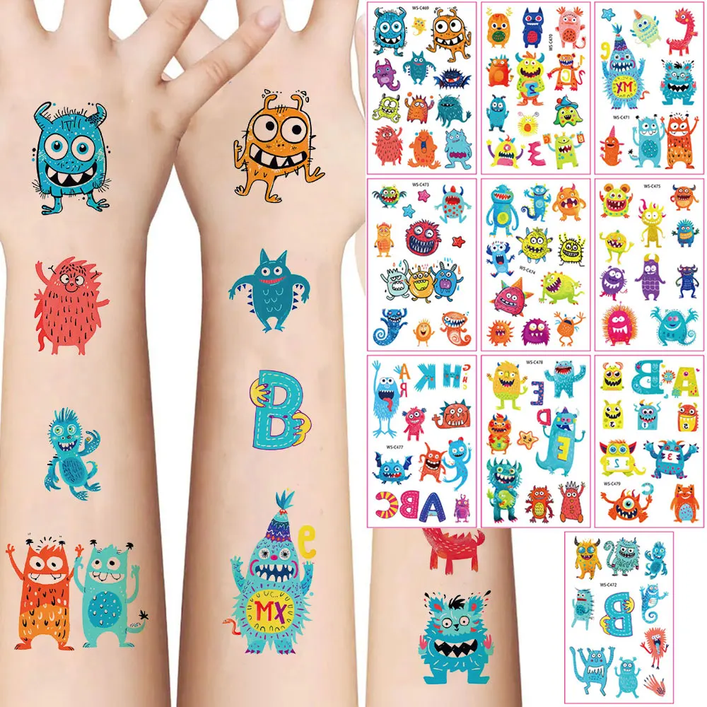 

12 листов/упаковка, разные стили монстра, узор бабочки, временная татуировка, татуировка русалки, наклейки, декор для тела на день рождения