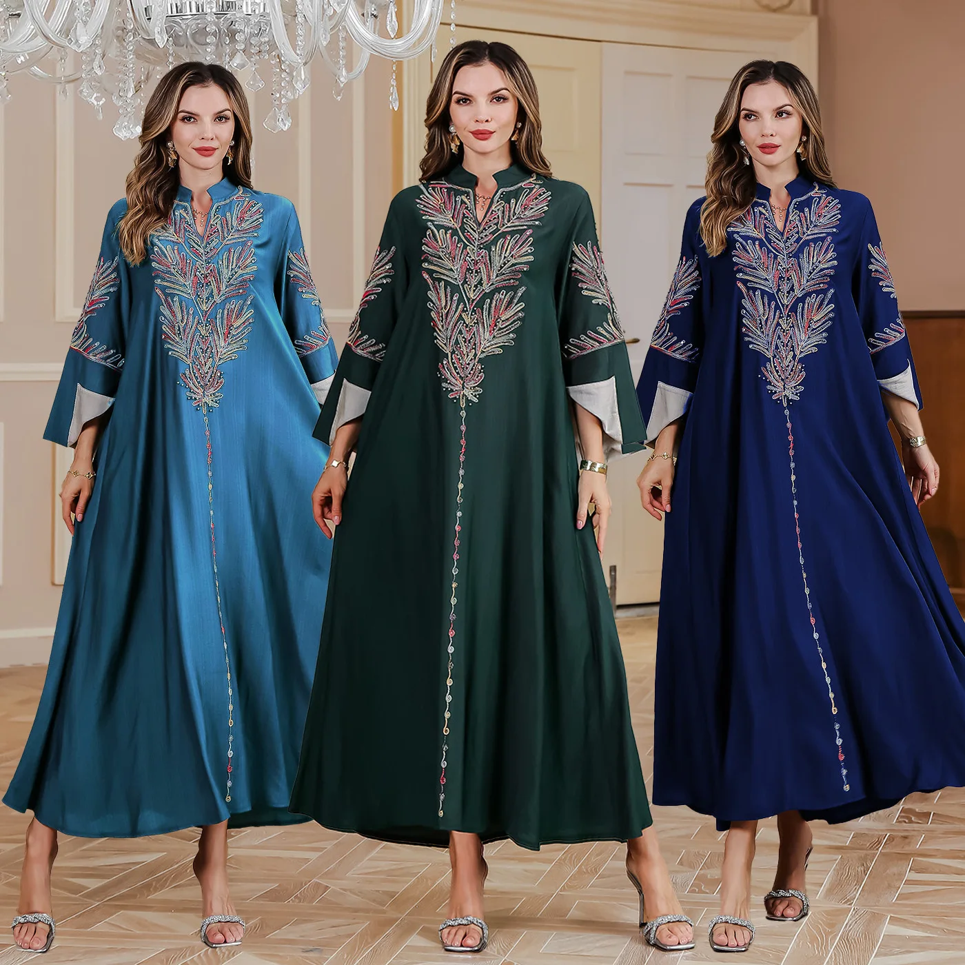 Modest Muslim Women Embroidery Beading Long Dress Marocain Abayas Dubai Turkey Kaftan Caftan Islam Clothing Musulmane Vestidos