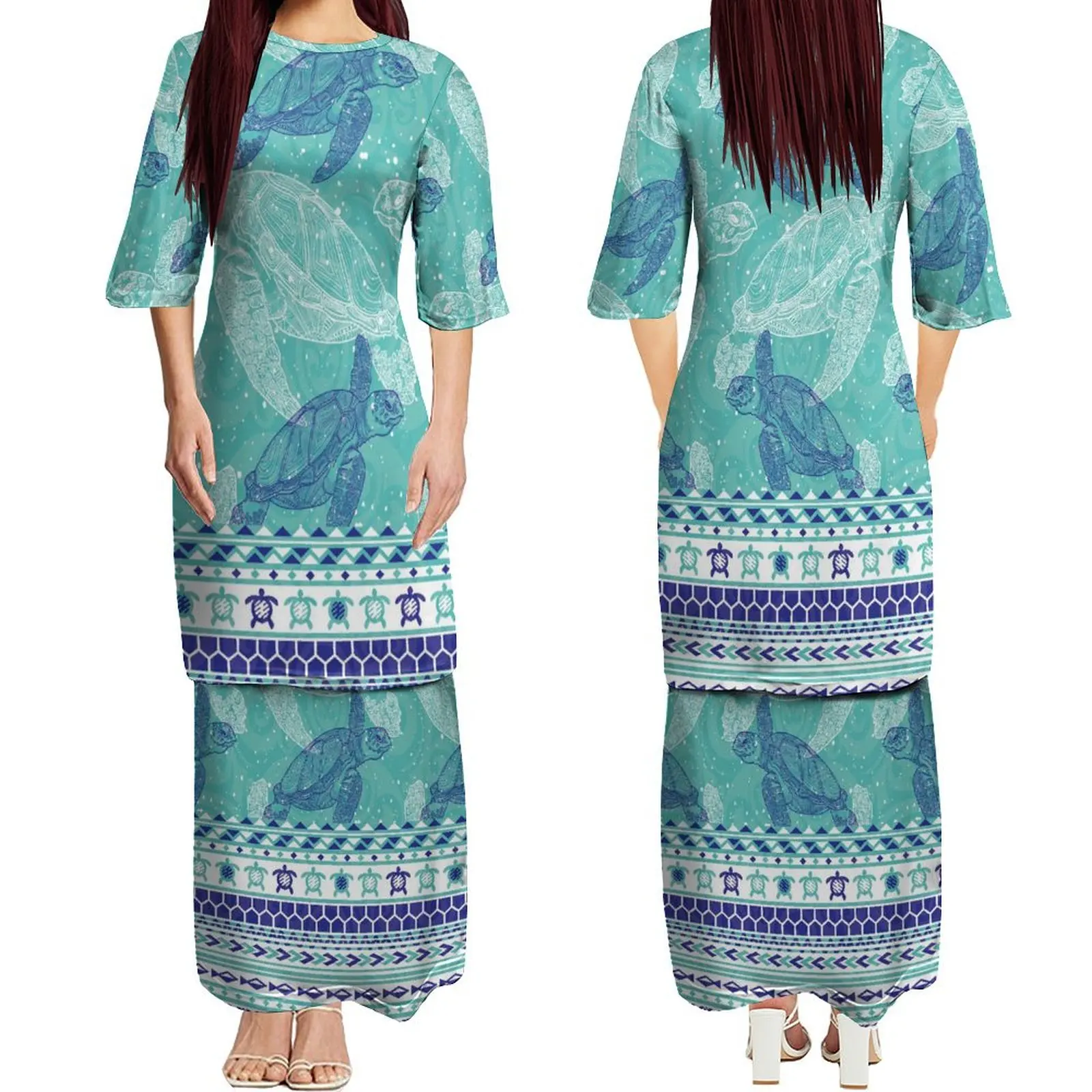 Samoan Women\'S Fashion Puletasi Two-Piece Women\'S Mid-Sleeve Crew Neck Dress Plus Size 7xl Polynesian Island Design Print