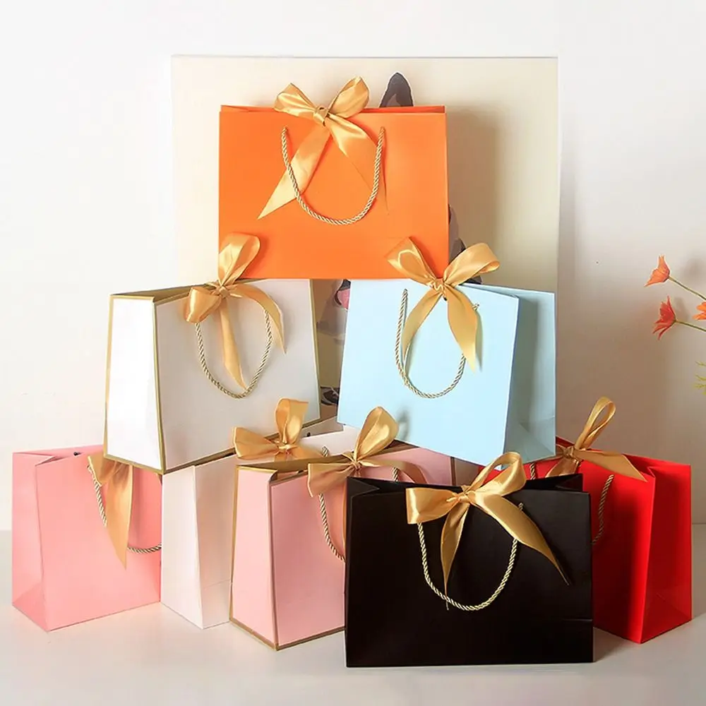 10Pcs Bow Ribbon Gift Paper Bag Portable Multi Color Clothing Handle Bag Convenient Reusable Wedding Gift Bag Graduation