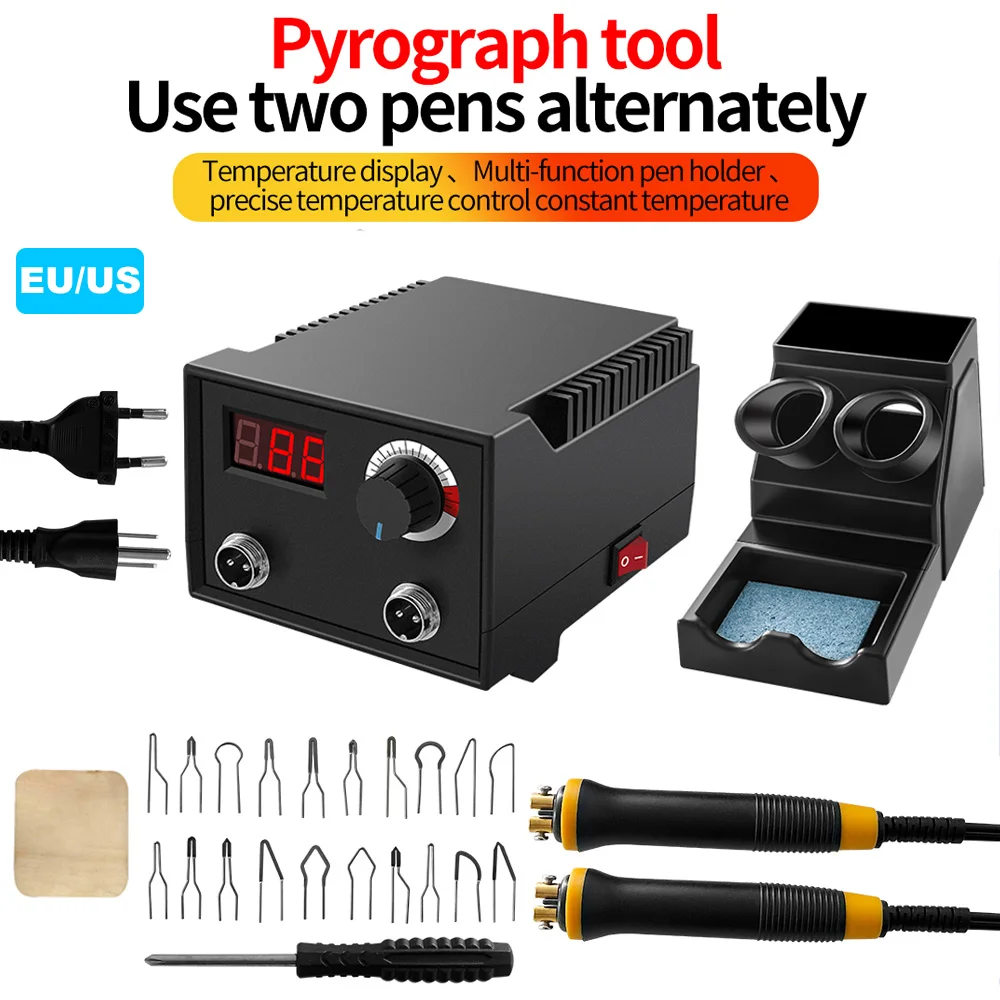 100W Upgraded Adjustable Pyrography Machine Pyrography Wood Burning Kit Wood Burner Tool Dual Pen for Adult Starter Craft EU/US