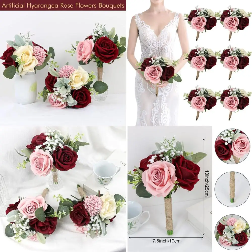 

Набор из 6 букетов из 7 искусственных шелковых роз для подружек невесты - пудрово-розовый и бордовый цвета для свадеб, вечеринок и юбилеев