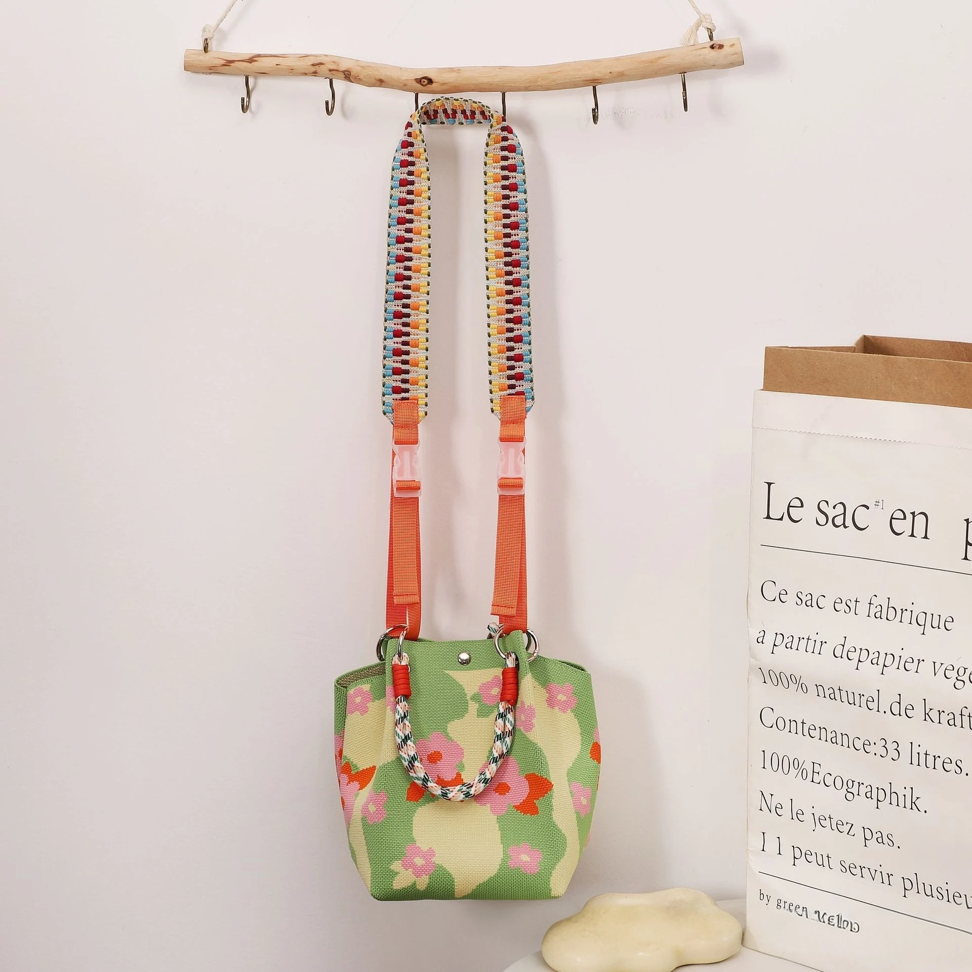 حقيبة بويت محبوكة حلوة للتنقل والنزهات، إغلاق مغناطيسي أزرق من البوليستر الناعم، نبات داخلي مزين بالزهور...