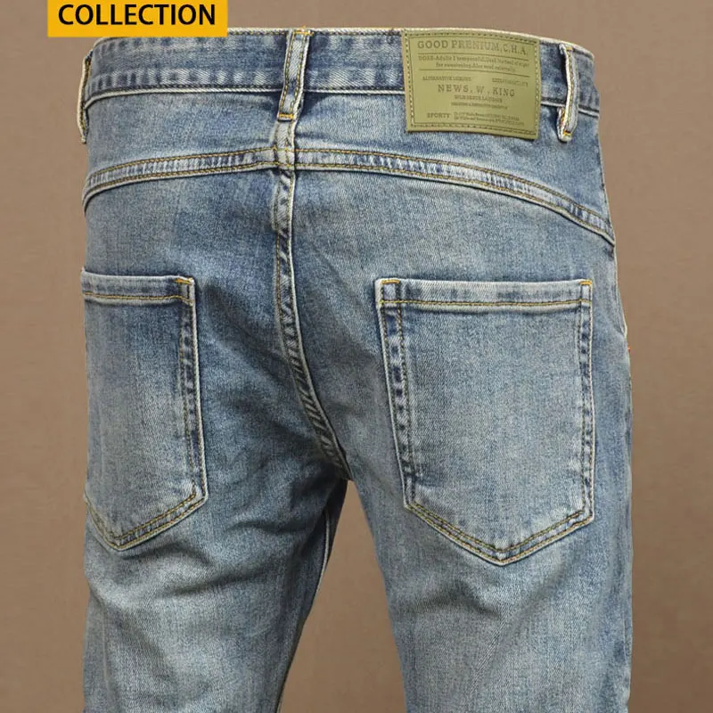 High Street Fashion Men Jeans Retro Washed Blue Stretch Slim Fit Patched Ripped Jeans Men Spliced Designer Hip Hop Denim Pants