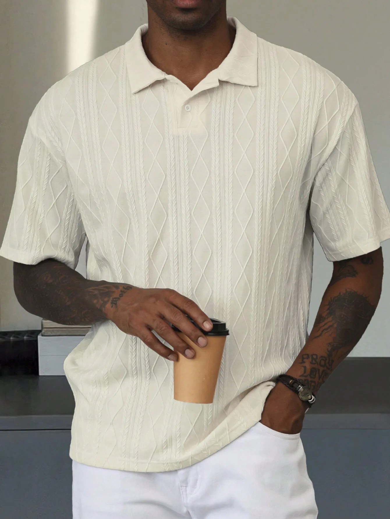 

Men's Textured Diamond Jacquard Knit Short-Sleeve Polo Shirt, Casual Summer Style