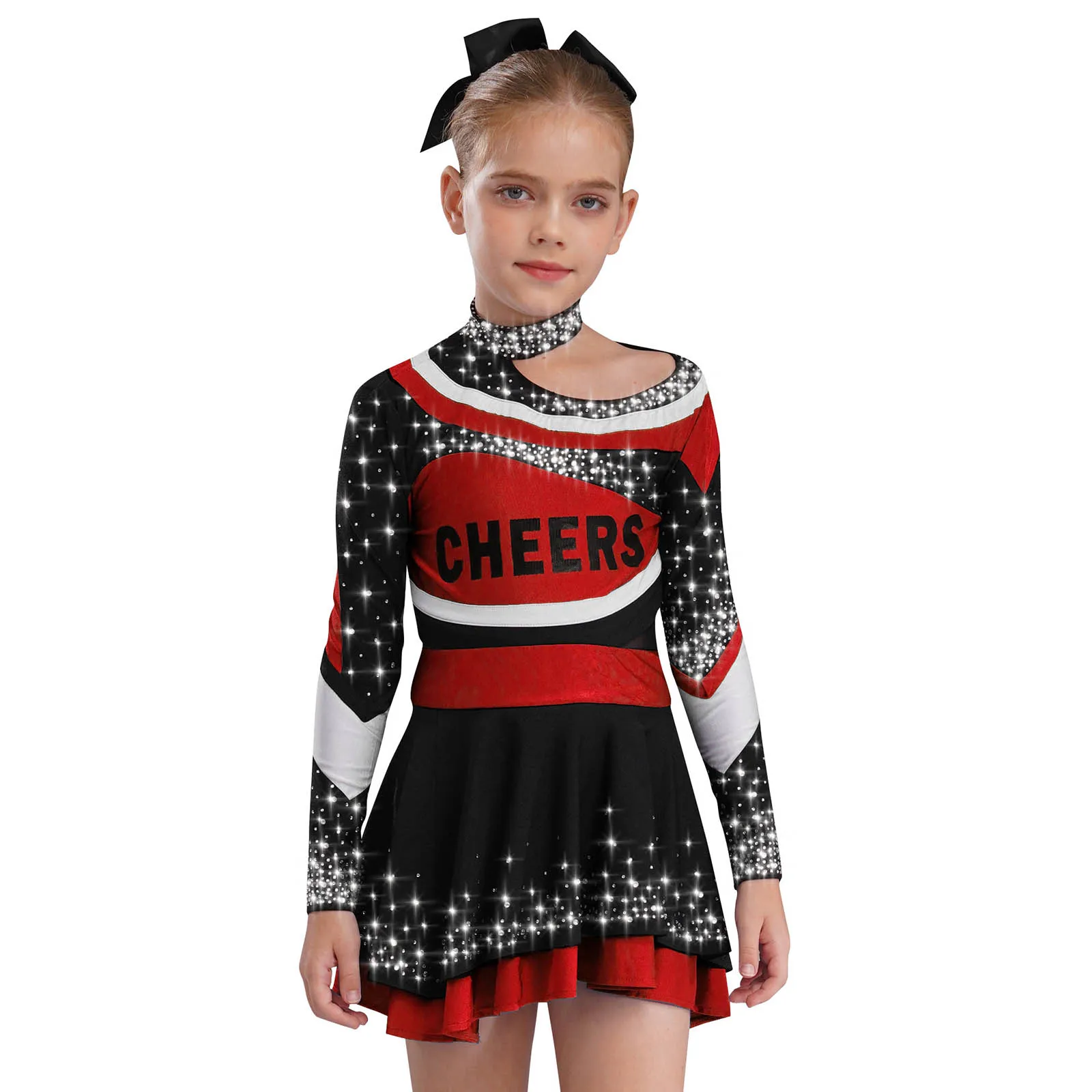

Kids Girls Cheer Leader Dance Uniform Long Sleeve Letter Print Rhinestones Shirt Top+Skirt+Headwear+Striped Socks+Flower Balls